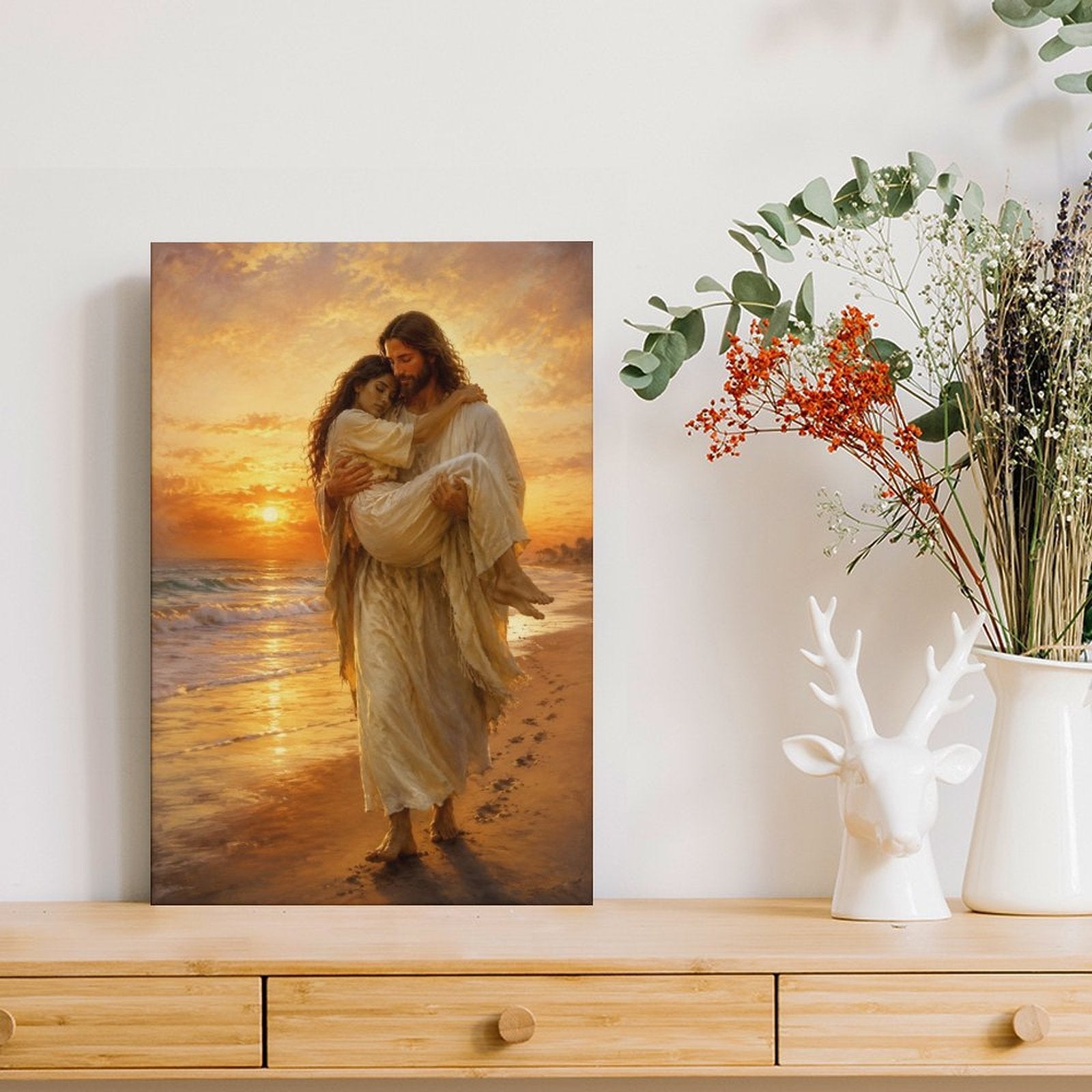 Jesus Carrying Woman Footprints Beach Sunset Framed Canvas Wall Art | Inspirational Religious Print