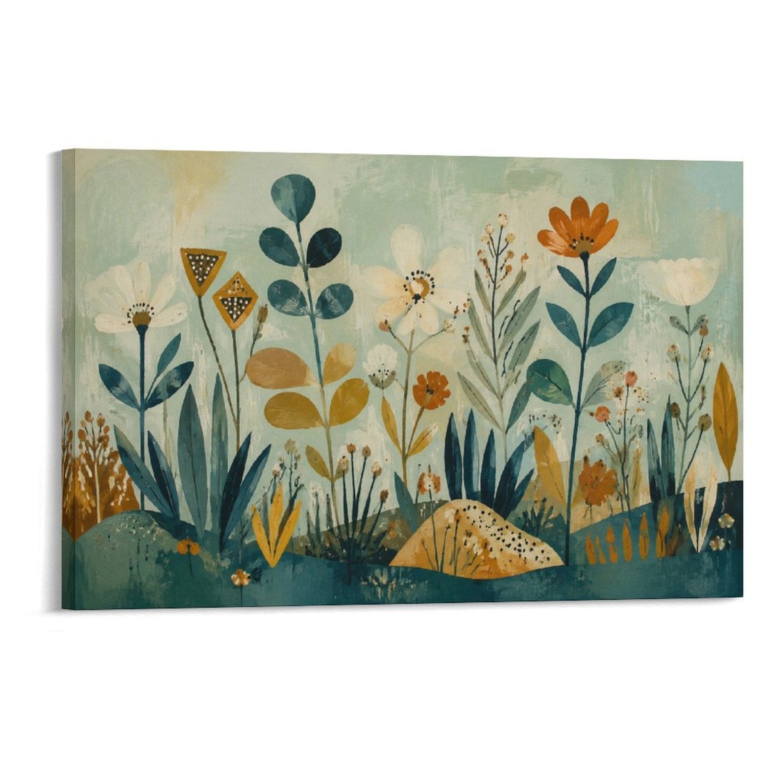 Nordic Folk Art Wildflower Botanical Teal Gold Vintage Illustration Framed Canvas Wall Art