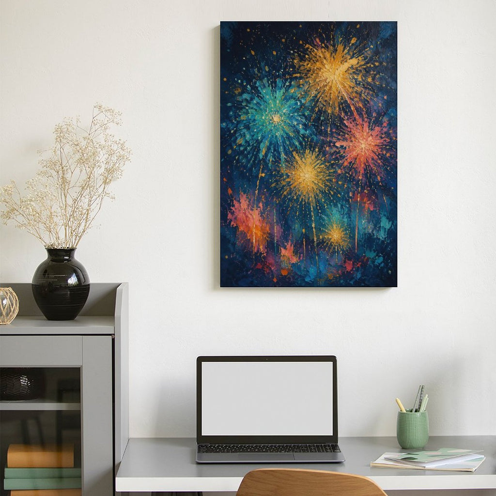 Colorful Fireworks Night Sky Impressionist Framed Canvas Wall Art | Festive Celebration Print
