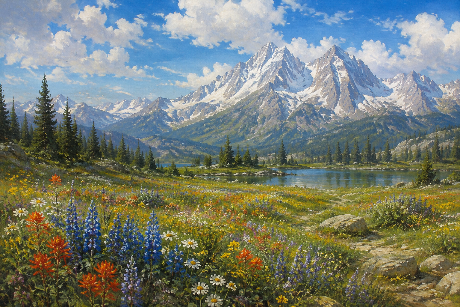 Alpine Wildflower Meadow Snow Mountain Lake Framed Canvas Wall Art | Realist Mountain Landscape Print