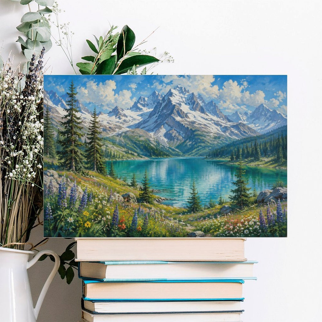 Alpine Turquoise Lake Wildflower Meadow Framed Canvas Wall Art | Mountain Landscape Print