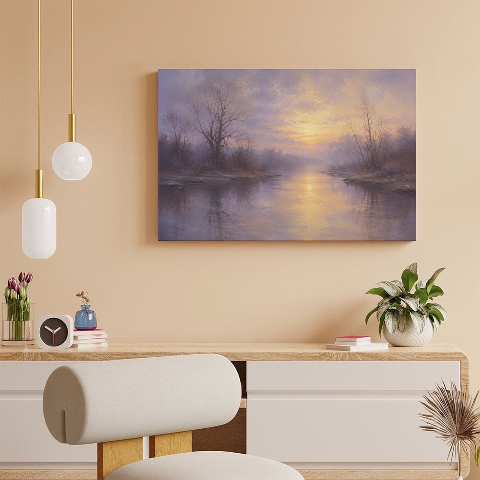 Misty Lavender River Sunrise Bare Trees Framed Canvas Wall Art | Atmospheric Old Master Landscape Print