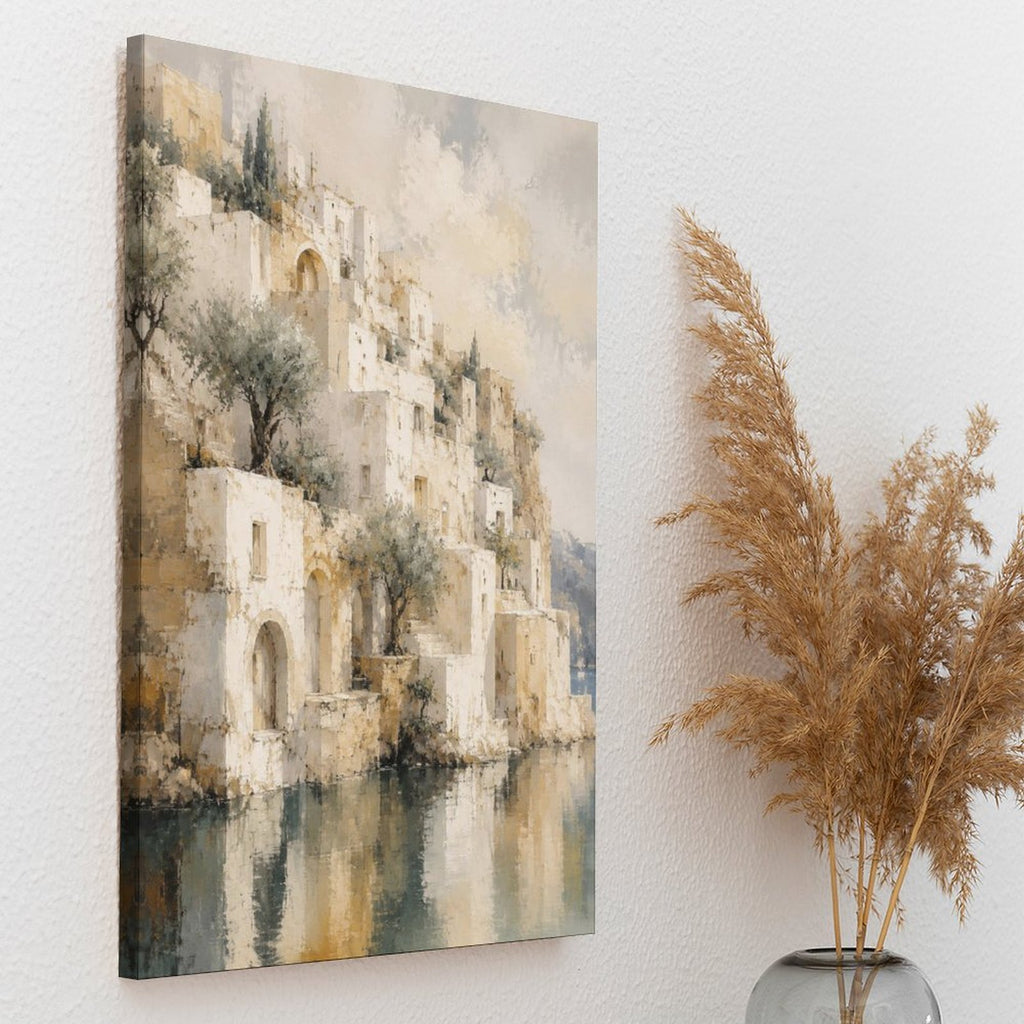 Mediterranean Waterfront Village Framed Canvas Wall Art | Vintage Watercolor Architecture Print
