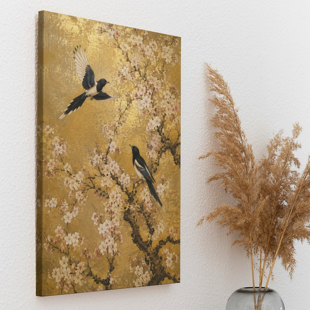 Magpies & Cherry Blossom Gold Framed Canvas Wall Art | Asian Floral Bird Print