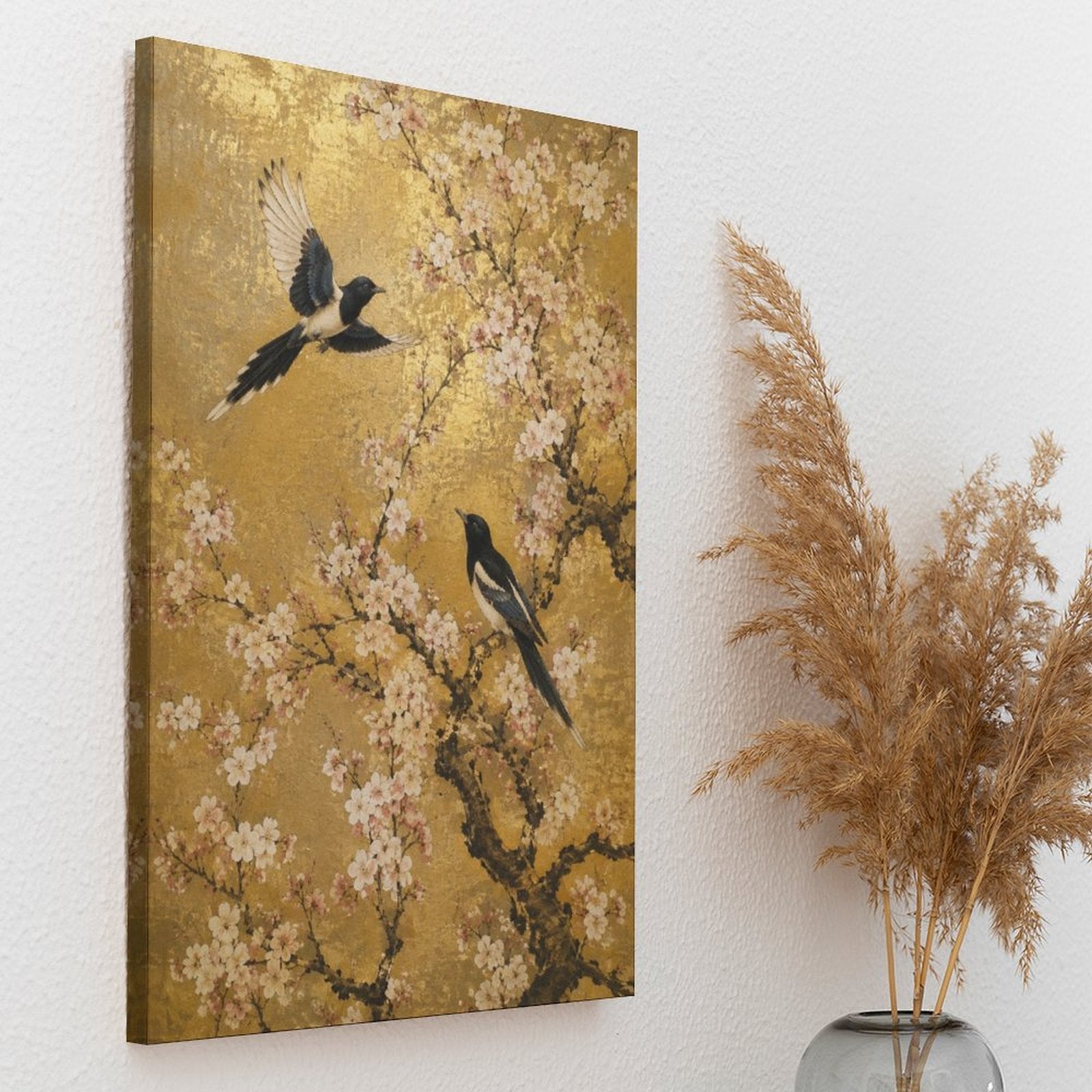 Magpies & Cherry Blossom Gold Framed Canvas Wall Art | Asian Floral Bird Print
