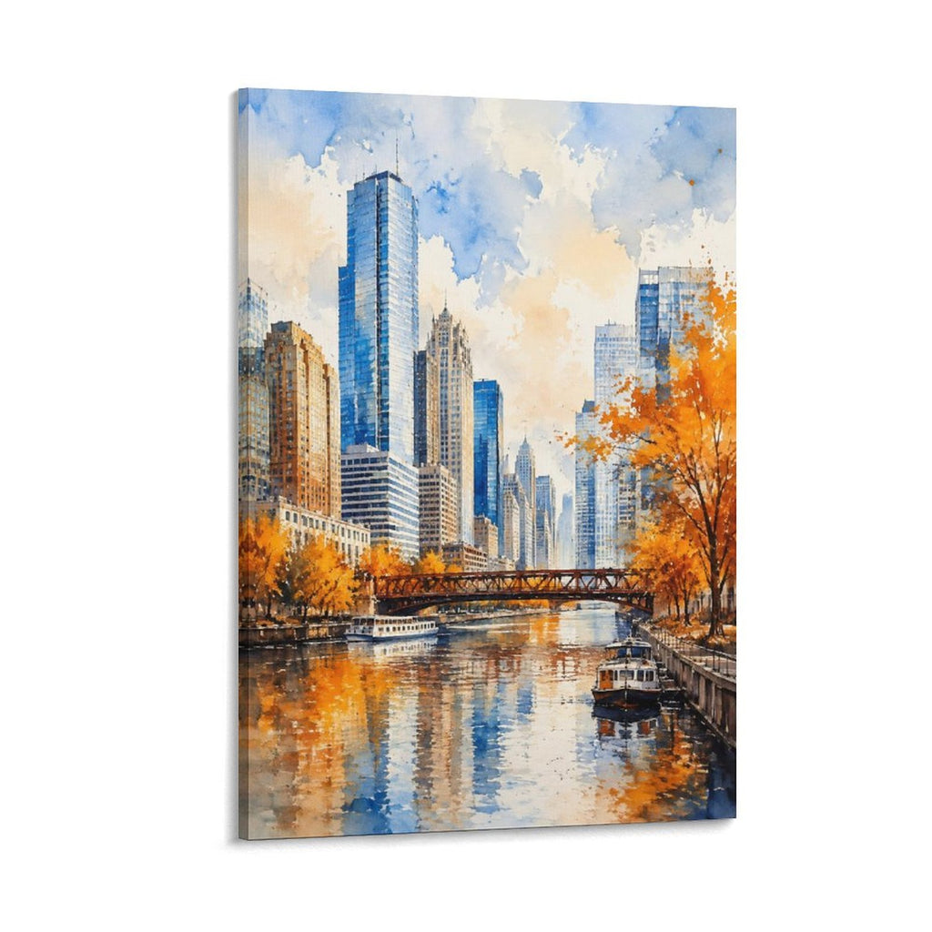 Chicago River Autumn Skyline Watercolor Impressionist City Framed Canvas Wall Art