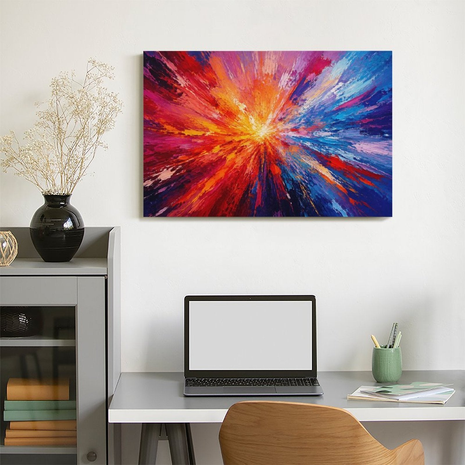 Red Orange Gold Starburst Abstract Framed Canvas Wall Art | Bold Energy Explosion Print