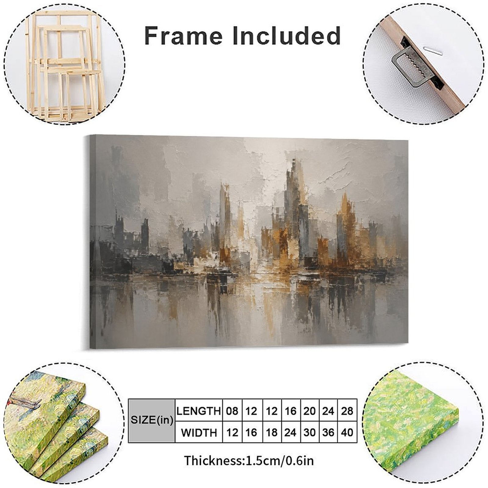 Abstract City Skyline Gold Grey Framed Canvas Wall Art | Modern Urban Textured Landscape Print