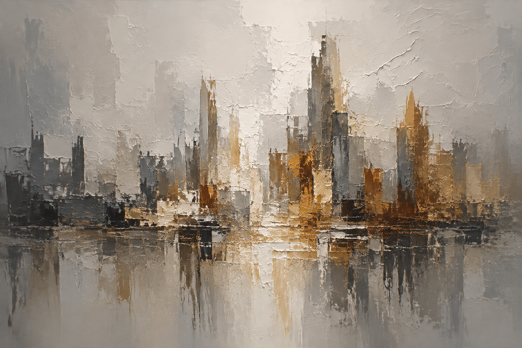 Abstract City Skyline Gold Grey Framed Canvas Wall Art | Modern Urban Textured Landscape Print