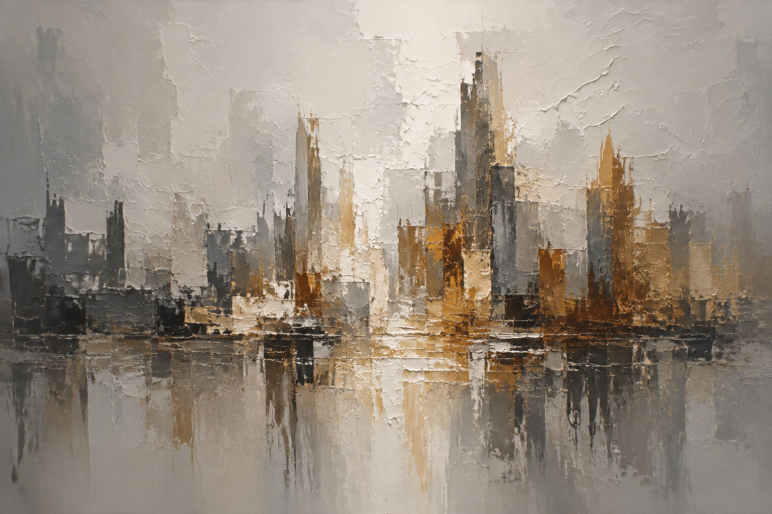 Abstract City Skyline Gold Grey Framed Canvas Wall Art | Modern Urban Textured Landscape Print