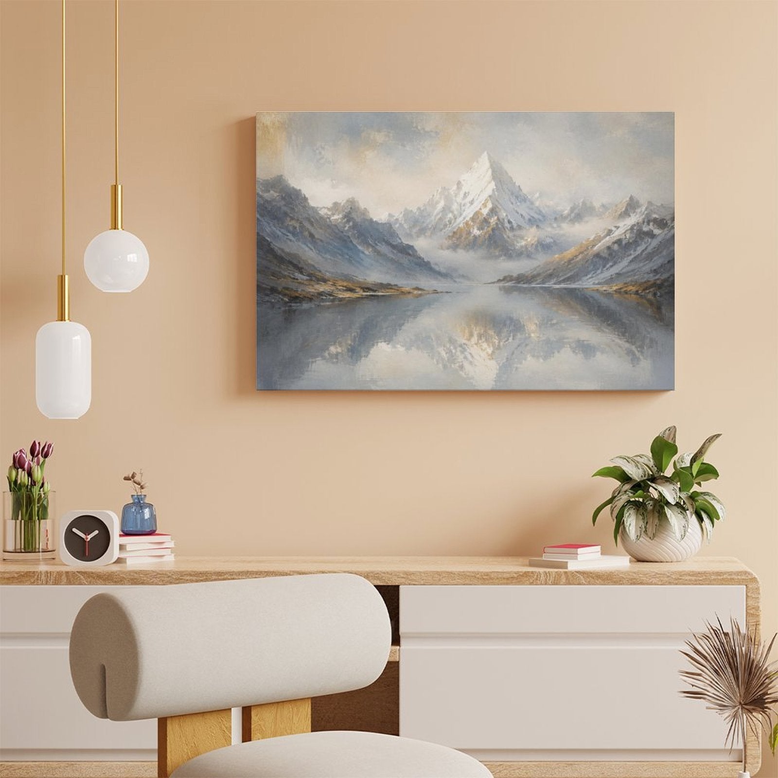 Misty Snow Mountain Lake Reflection Framed Canvas Wall Art | Nordic Minimalist Landscape Print