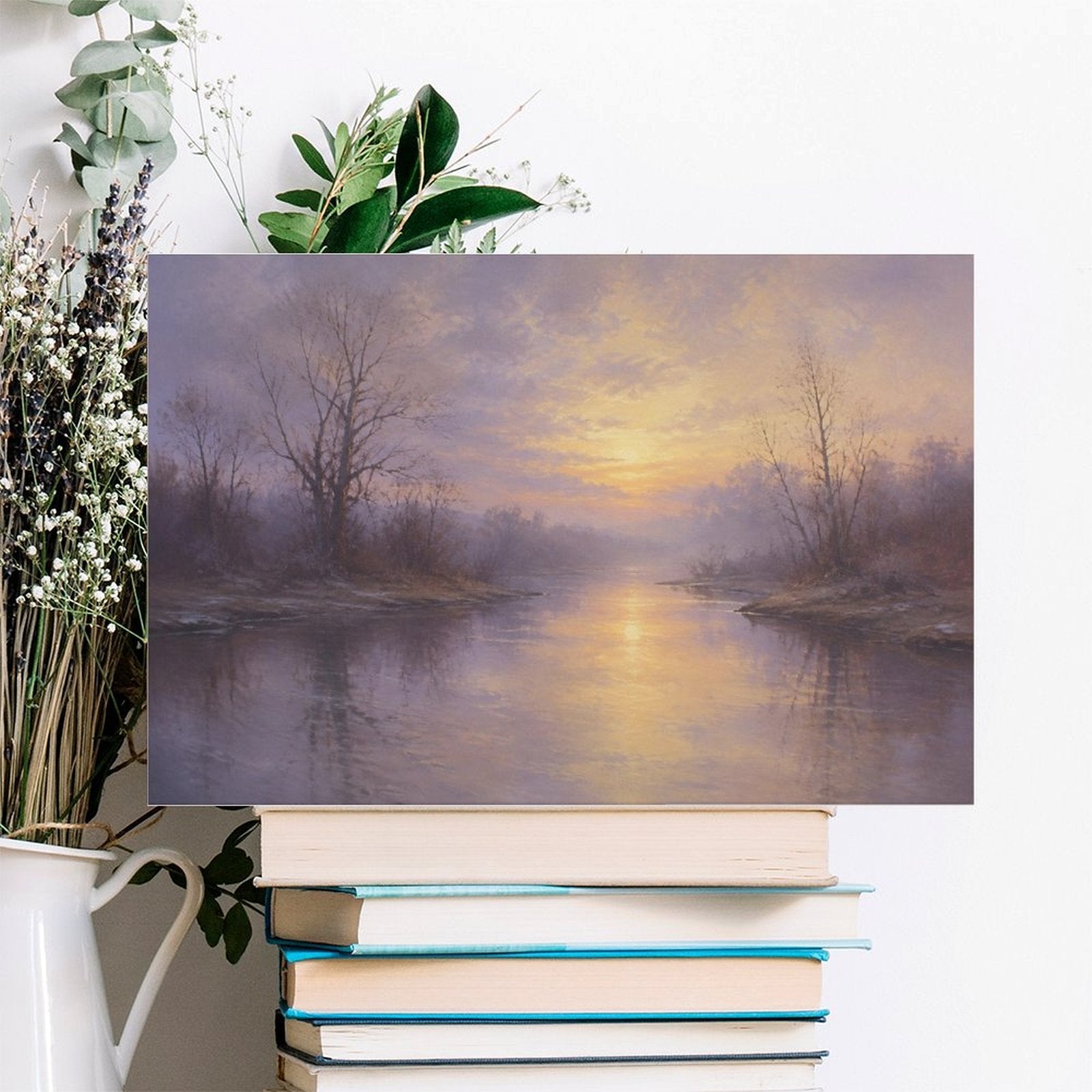 Misty Lavender River Sunrise Bare Trees Framed Canvas Wall Art | Atmospheric Old Master Landscape Print