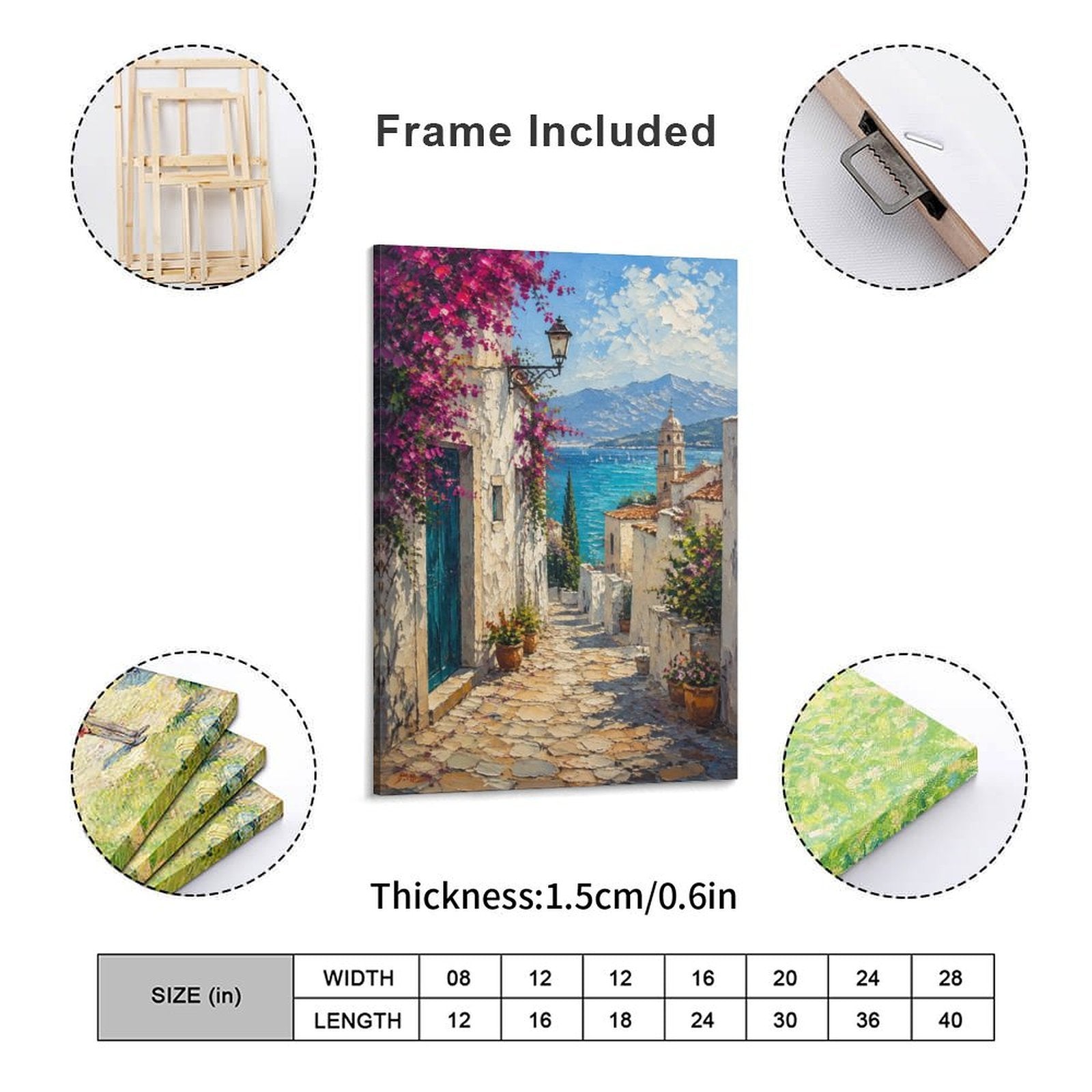 Mediterranean Cobblestone Alley Bougainvillea Framed Canvas Wall Art | Impressionist Coastal Village Print