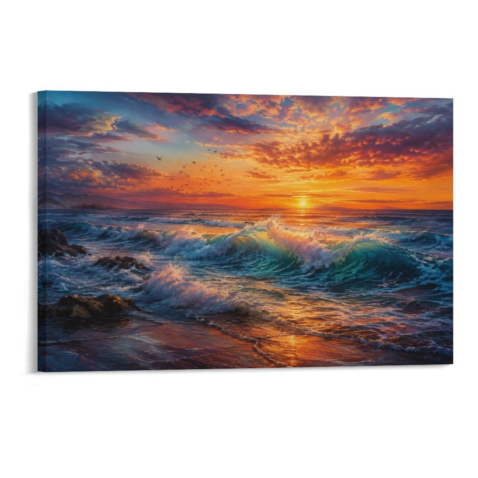 Dramatic Ocean Wave Sunset Teal Crashing Wave Seascape Framed Canvas Wall Art