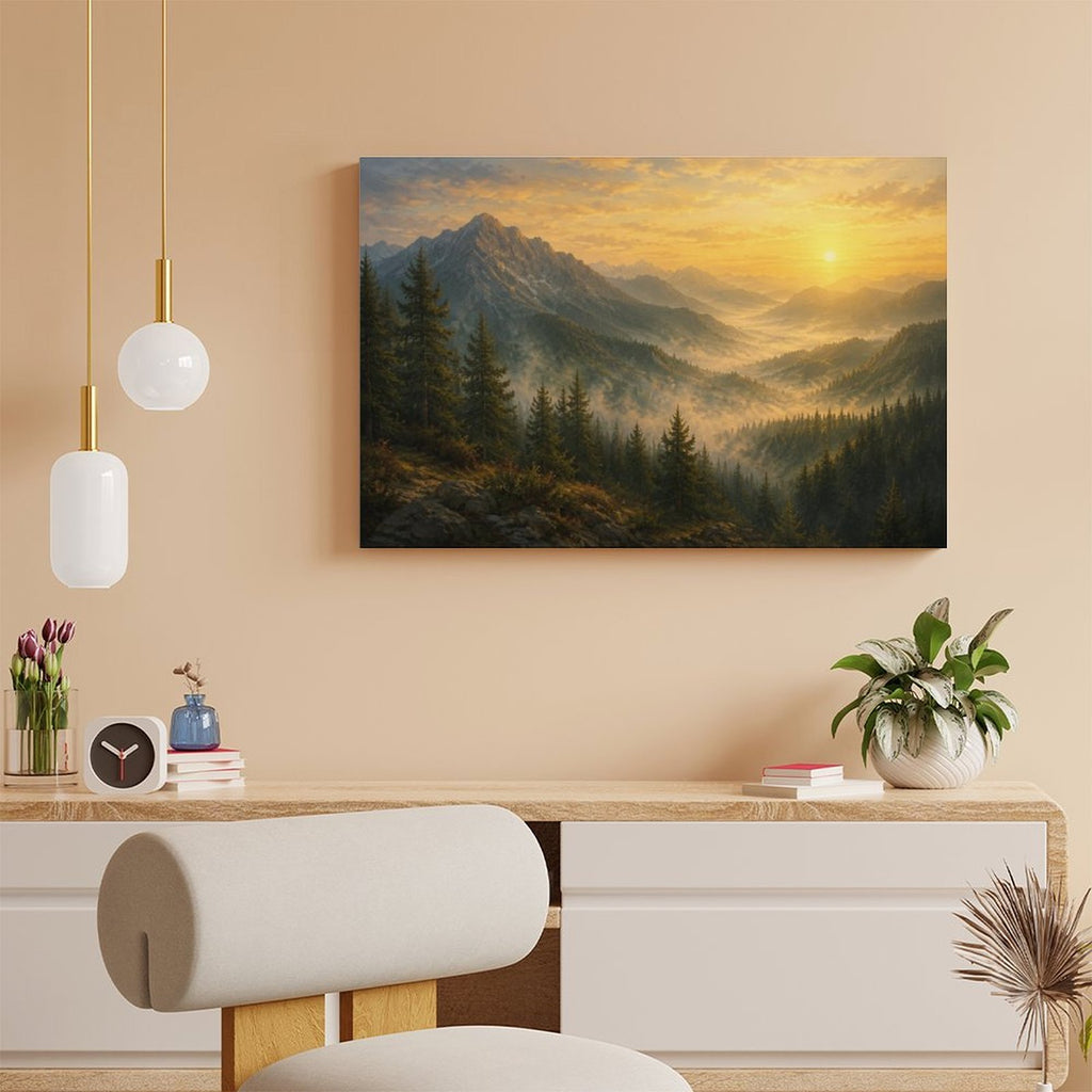 Alpine Mountain Valley Sunrise Framed Canvas Wall Art | Old Master Golden Landscape Print
