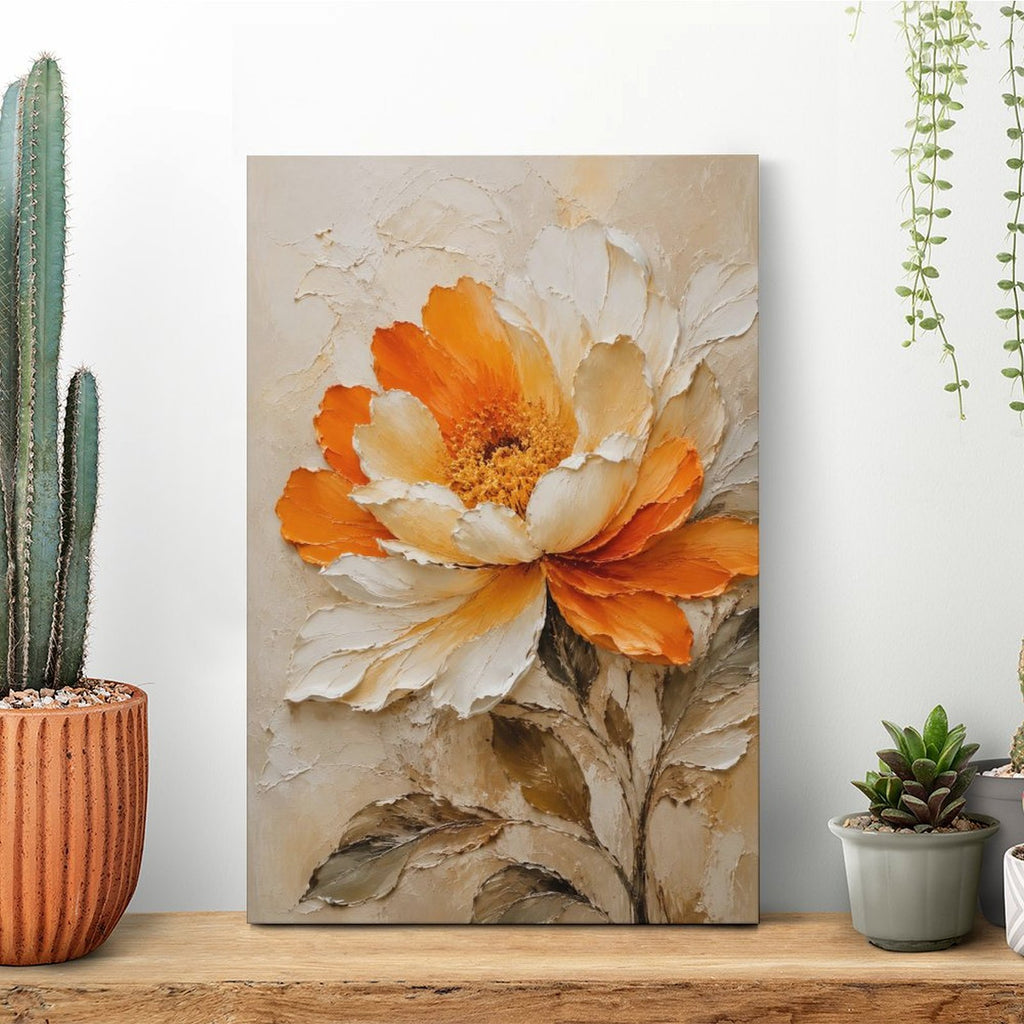 Orange & White Peony Textured Framed Canvas Wall Art | Floral Oil Painting Print