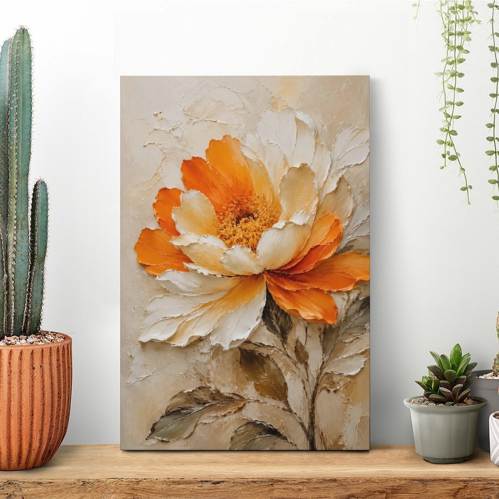 Orange & White Peony Textured Framed Canvas Wall Art | Floral Oil Painting Print