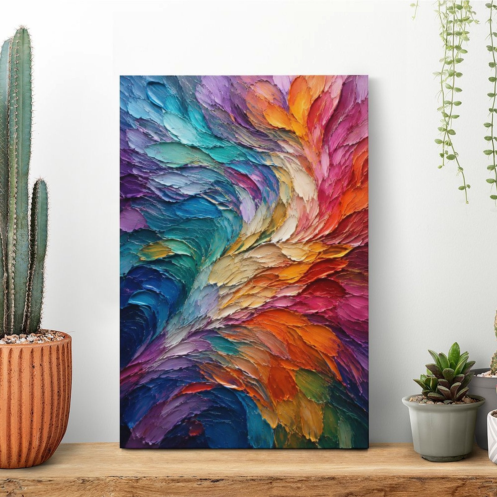 Rainbow Spiral Textured Abstract Framed Canvas Wall Art | Vibrant Palette Knife Swirl Print