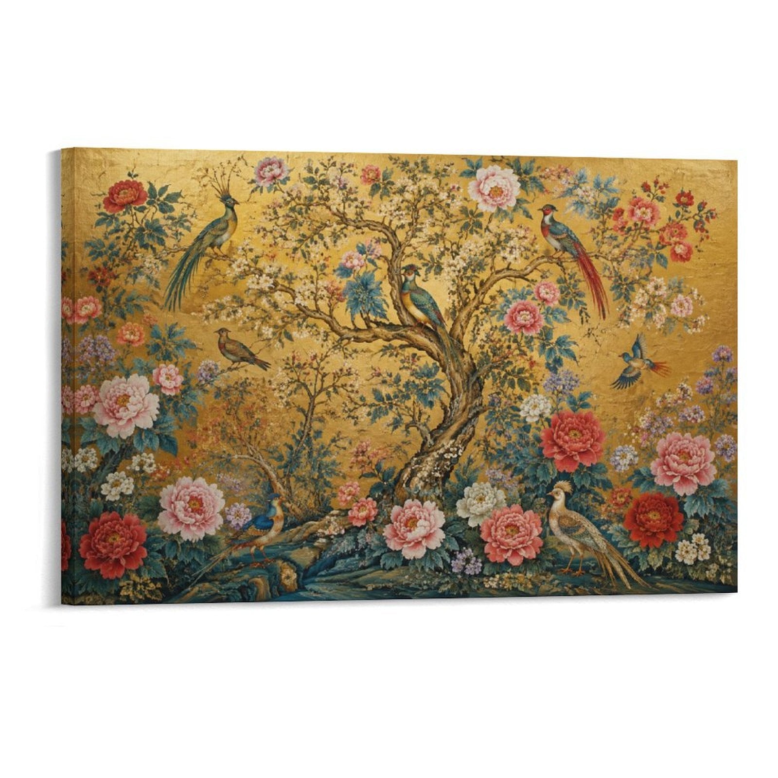 Chinese Imperial Flower and Bird Gold Chinoiserie Peacock Peony Framed Canvas Wall Art