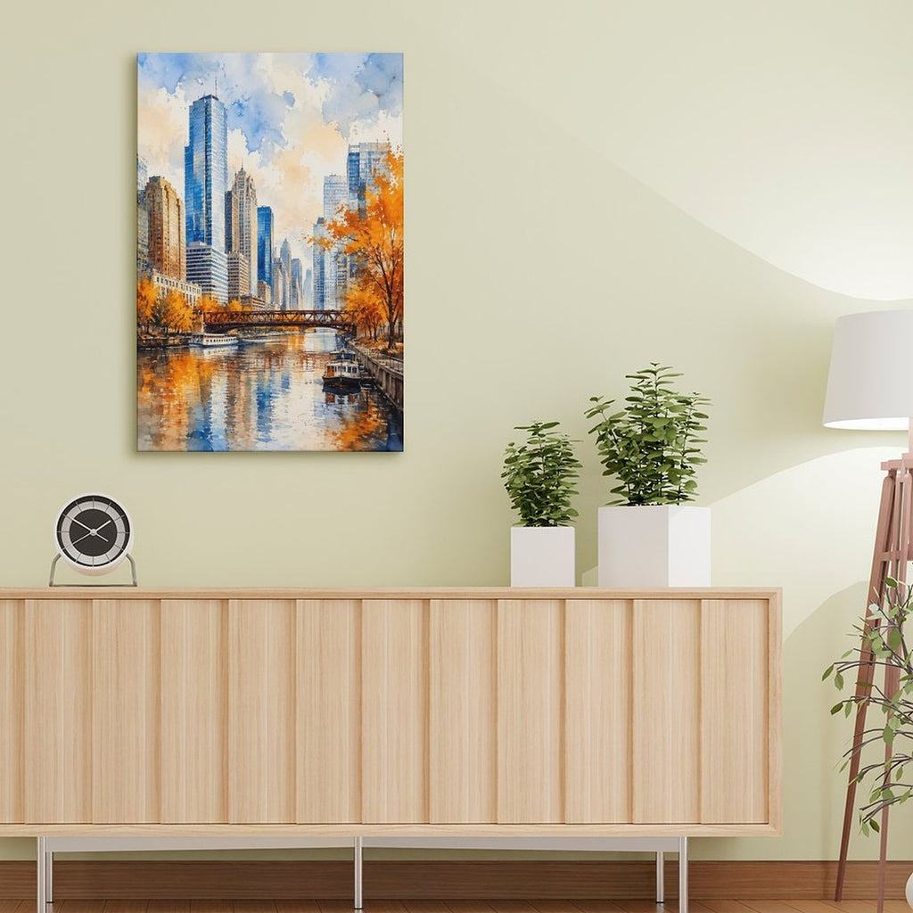 Chicago River Autumn Skyline Watercolor Framed Canvas Wall Art | Impressionist City Print