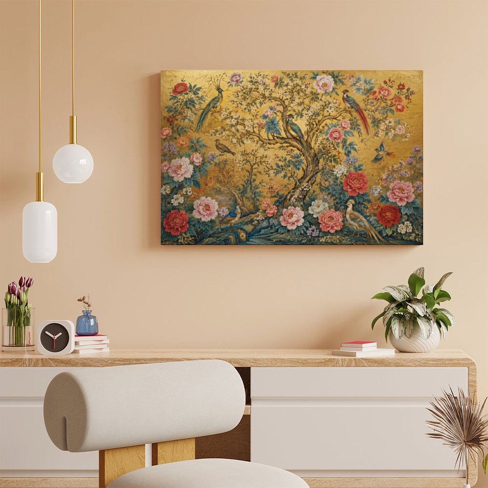 Chinese Imperial Flower & Bird Gold Framed Canvas Wall Art | Chinoiserie Peacock Peony Print