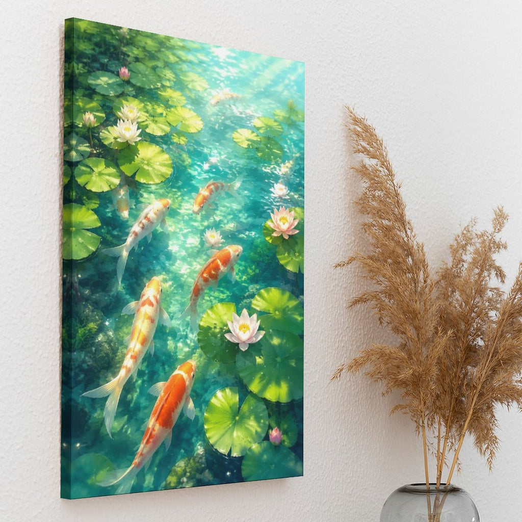 Koi Fish Lotus Pond Framed Canvas Wall Art | Japanese Zen Garden Nature Print