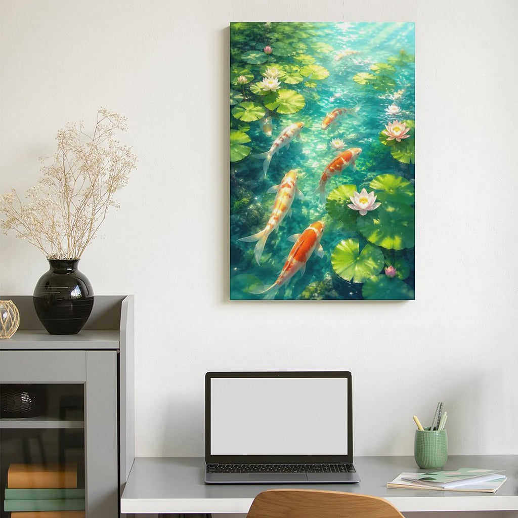 Koi Fish Lotus Pond Framed Canvas Wall Art | Japanese Zen Garden Nature Print