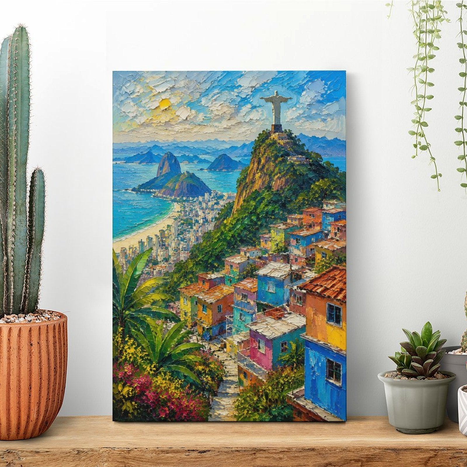 Rio de Janeiro Christ the Redeemer Favela Panorama Framed Canvas Wall Art | Impressionist Brazil Cityscape Print