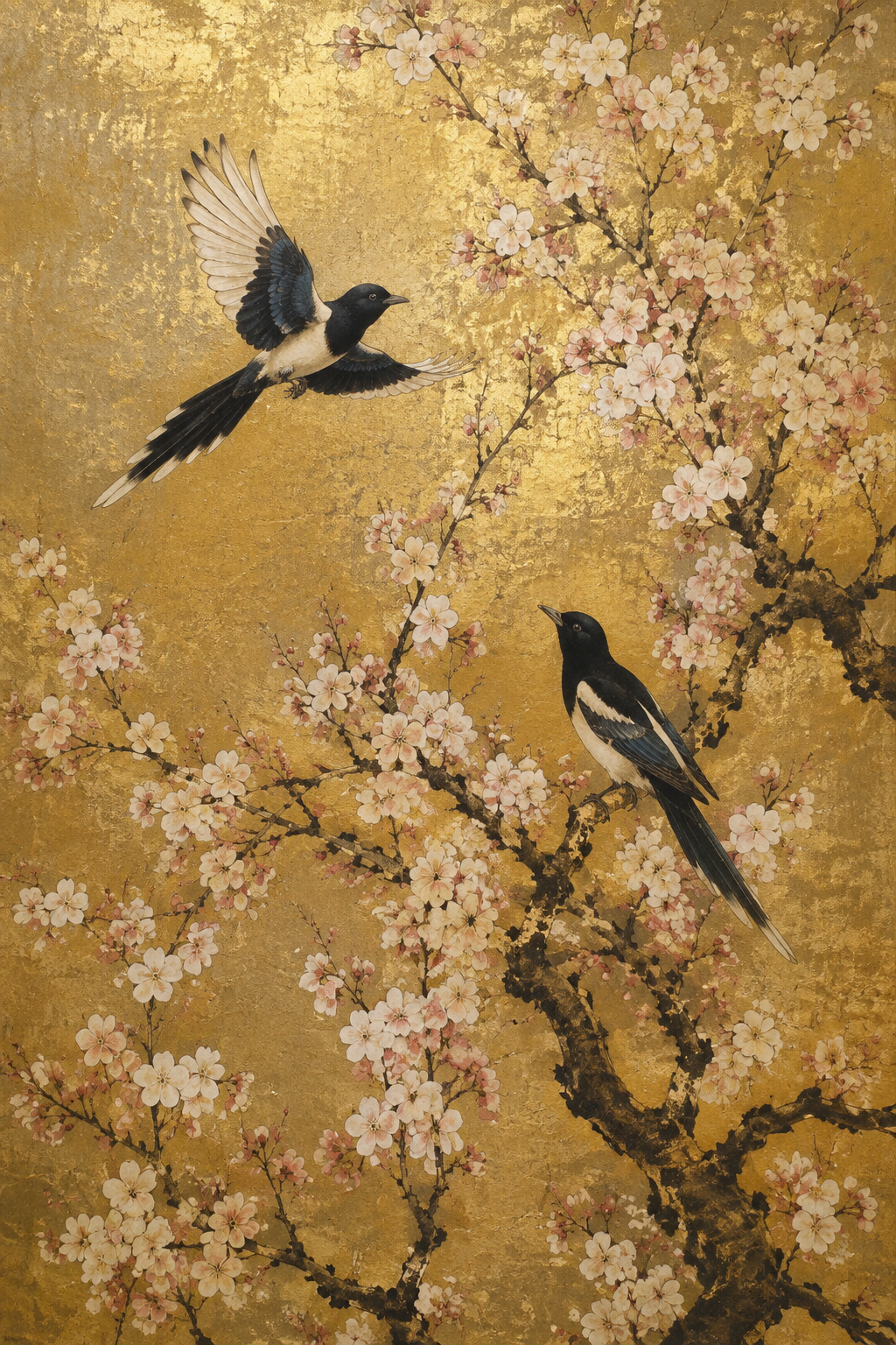 Magpies & Cherry Blossom Gold Framed Canvas Wall Art | Asian Floral Bird Print