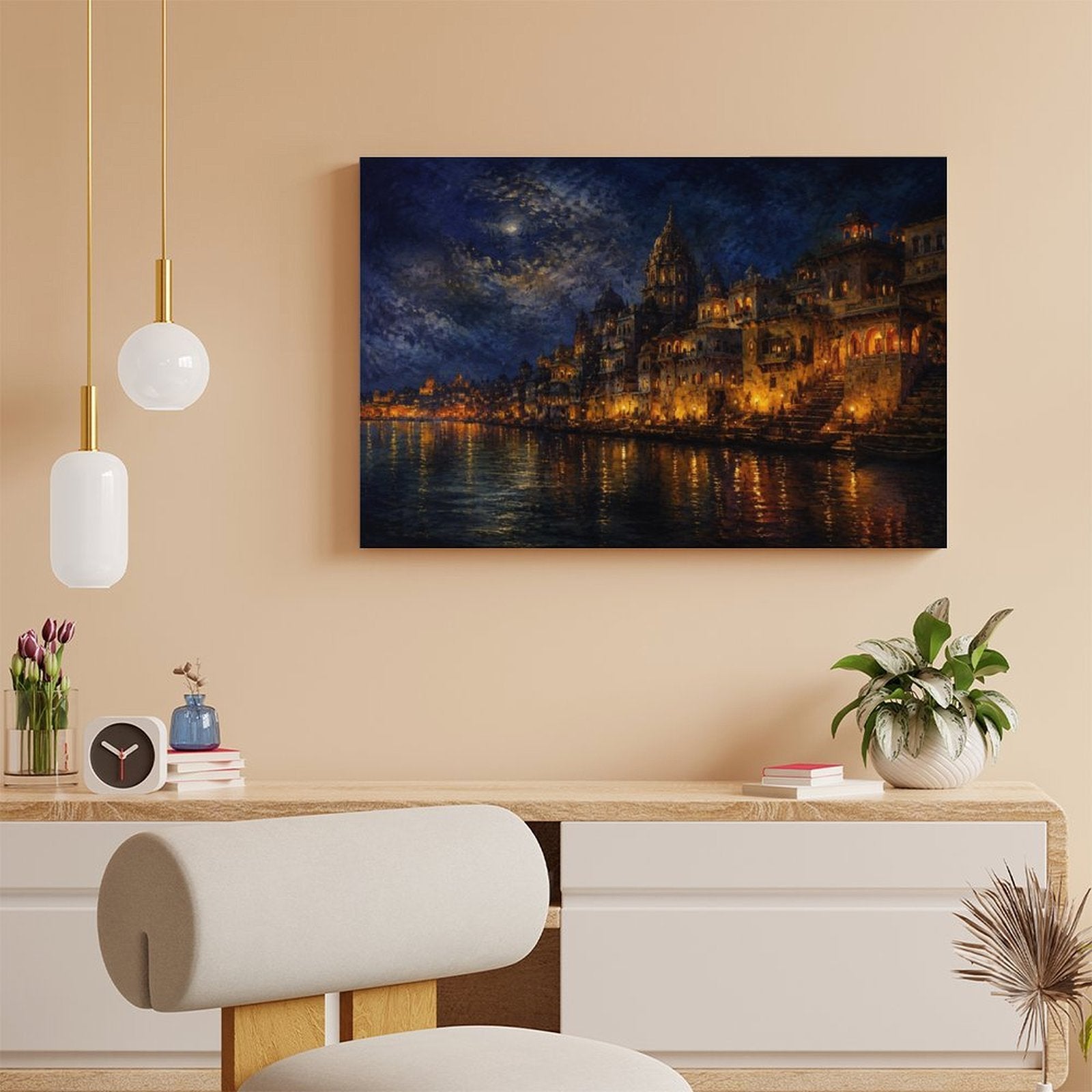Varanasi Ganges River Night Glow Framed Canvas Wall Art | Indian Temple Nocturne Print