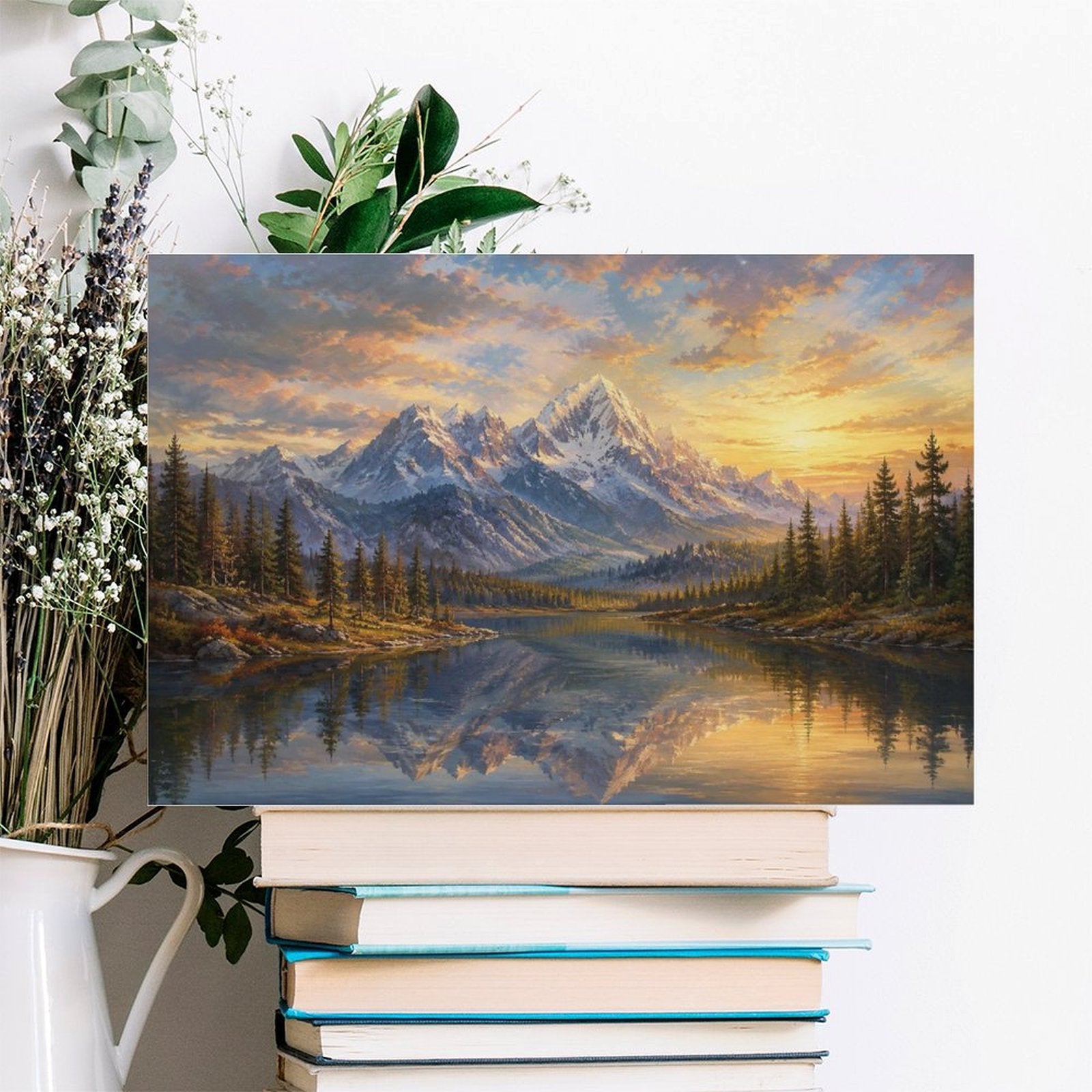 Snow Mountain Sunset Lake Reflection Pine Forest Framed Canvas Wall Art | Old Master Landscape Print