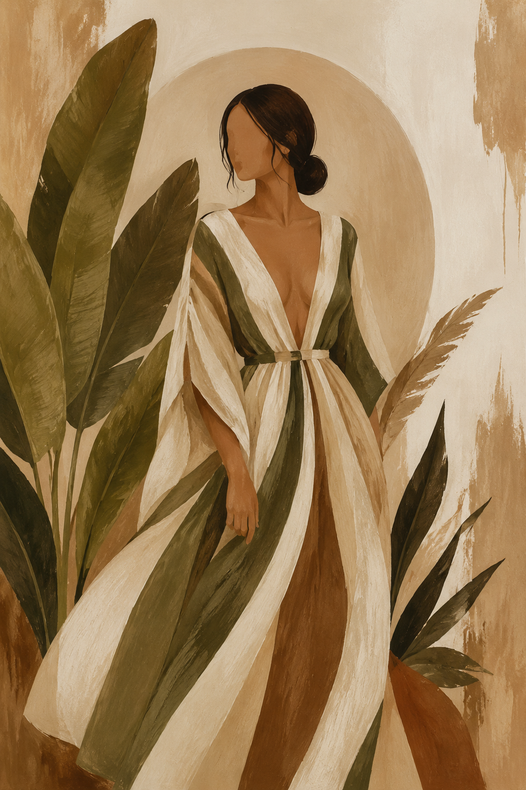 Boho Woman Striped Dress Tropical Leaves Framed Canvas Wall Art | Neutral Figurative Botanical Print