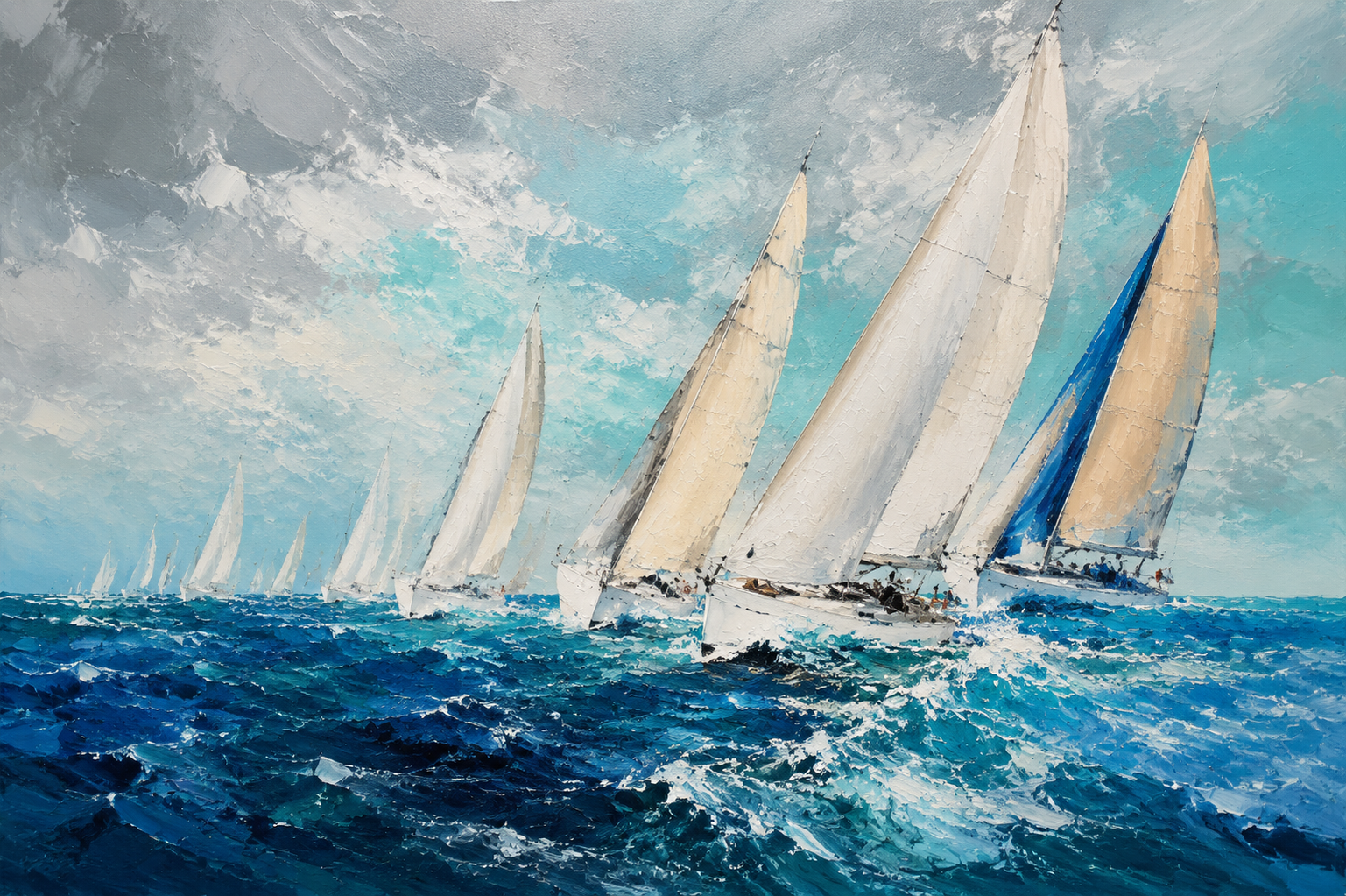 Sailing Regatta Ocean Race Framed Canvas Wall Art | Impressionist Nautical Seascape Print
