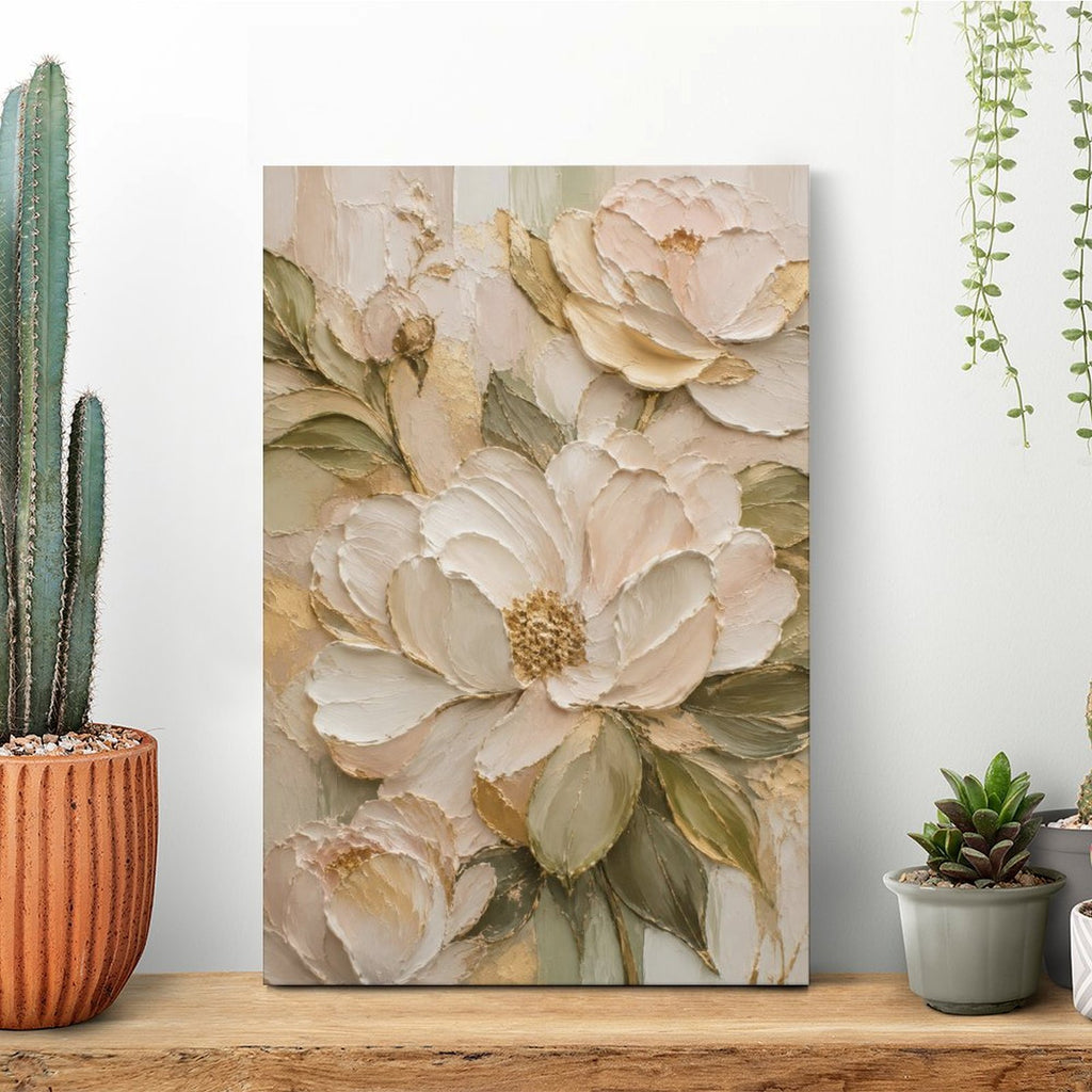 Cream Gold Peony Textured Framed Canvas Wall Art | Luxury Floral Relief Print