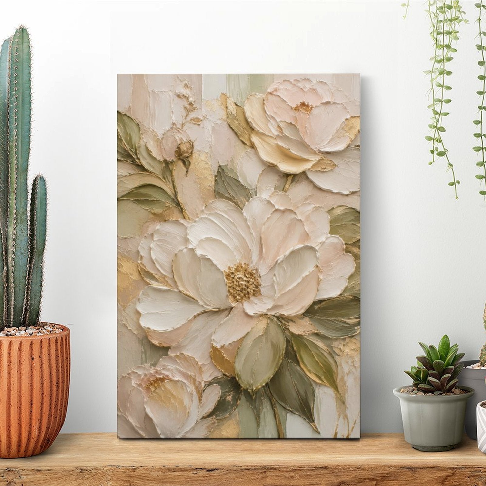 Cream Gold Peony Textured Framed Canvas Wall Art | Luxury Floral Relief Print