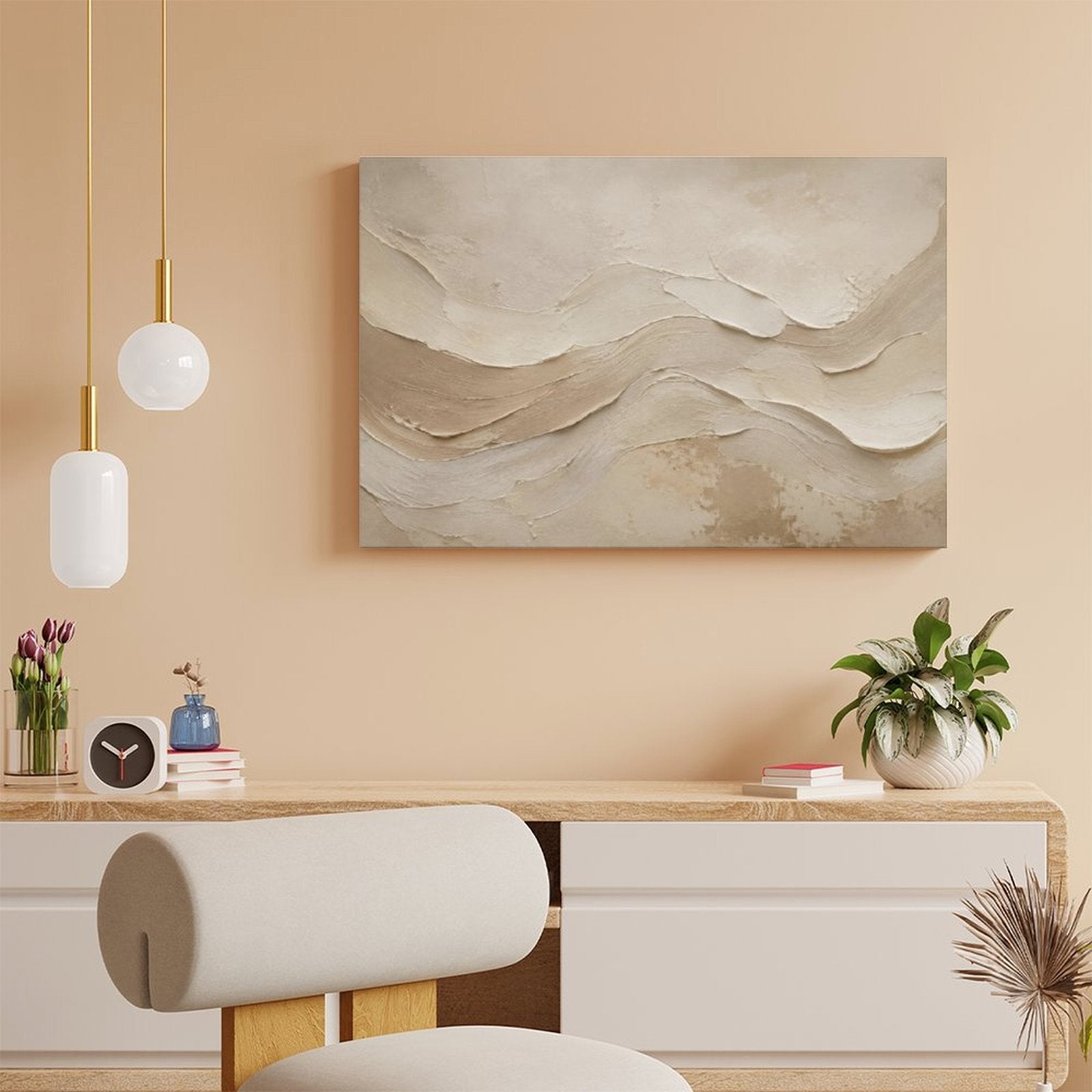 Beige Sand Wave Textured Abstract Framed Canvas Wall Art | Minimalist Neutral Plaster Print