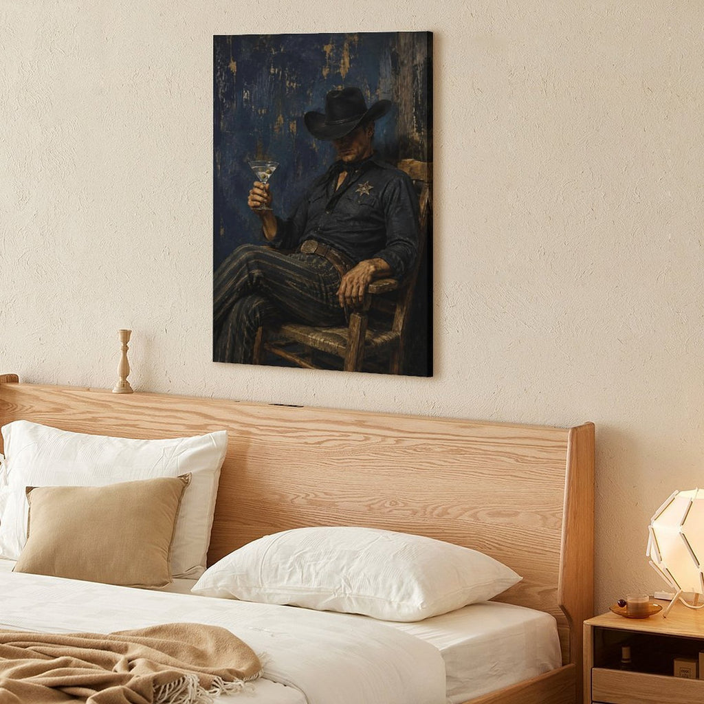 Cowboy Sheriff Martini Dark Blue Vintage Framed Canvas Wall Art | Western Noir Figurative Print