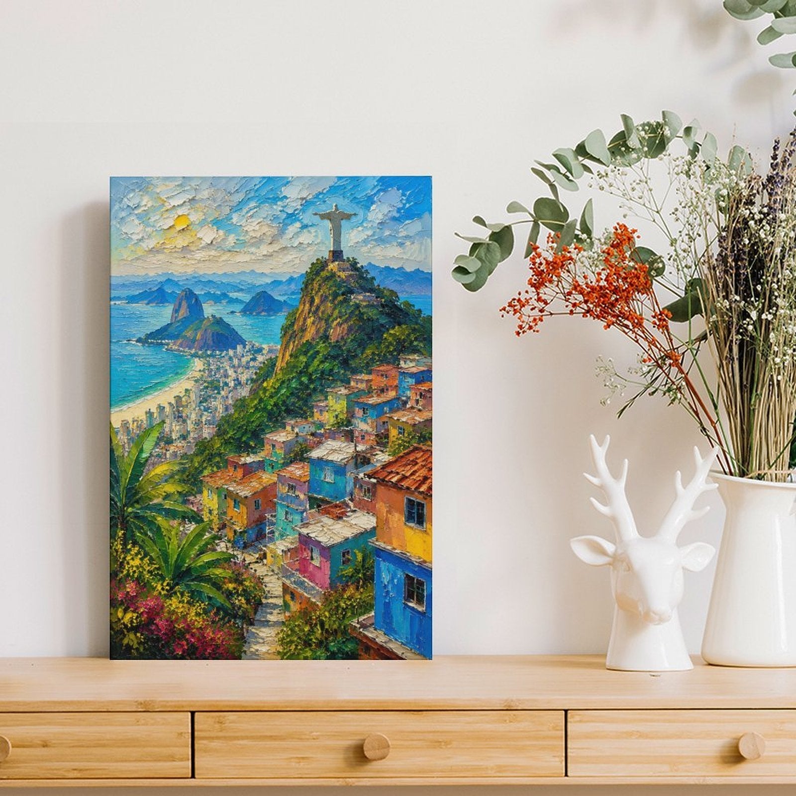 Rio de Janeiro Christ the Redeemer Favela Panorama Framed Canvas Wall Art | Impressionist Brazil Cityscape Print