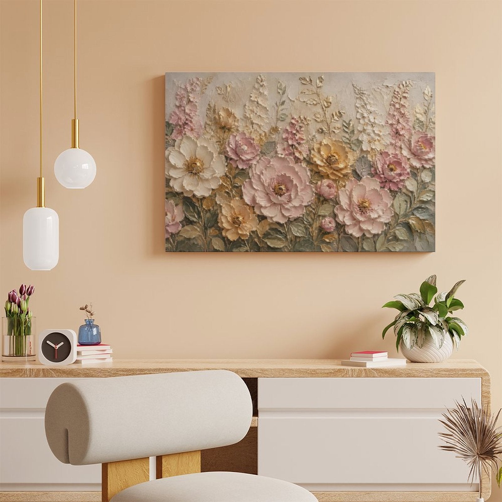 Pink Rose Cream Peony Gold Floral Textured Framed Canvas Wall Art | French Romantic Relief Print
