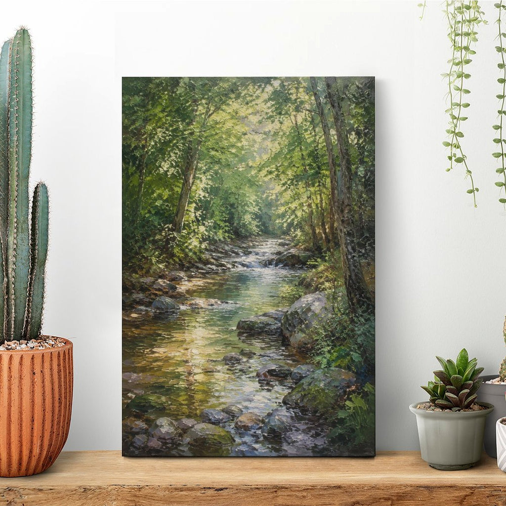 Sunlit Forest Stream Rocky Creek Framed Canvas Wall Art | Realist Nature Landscape Print