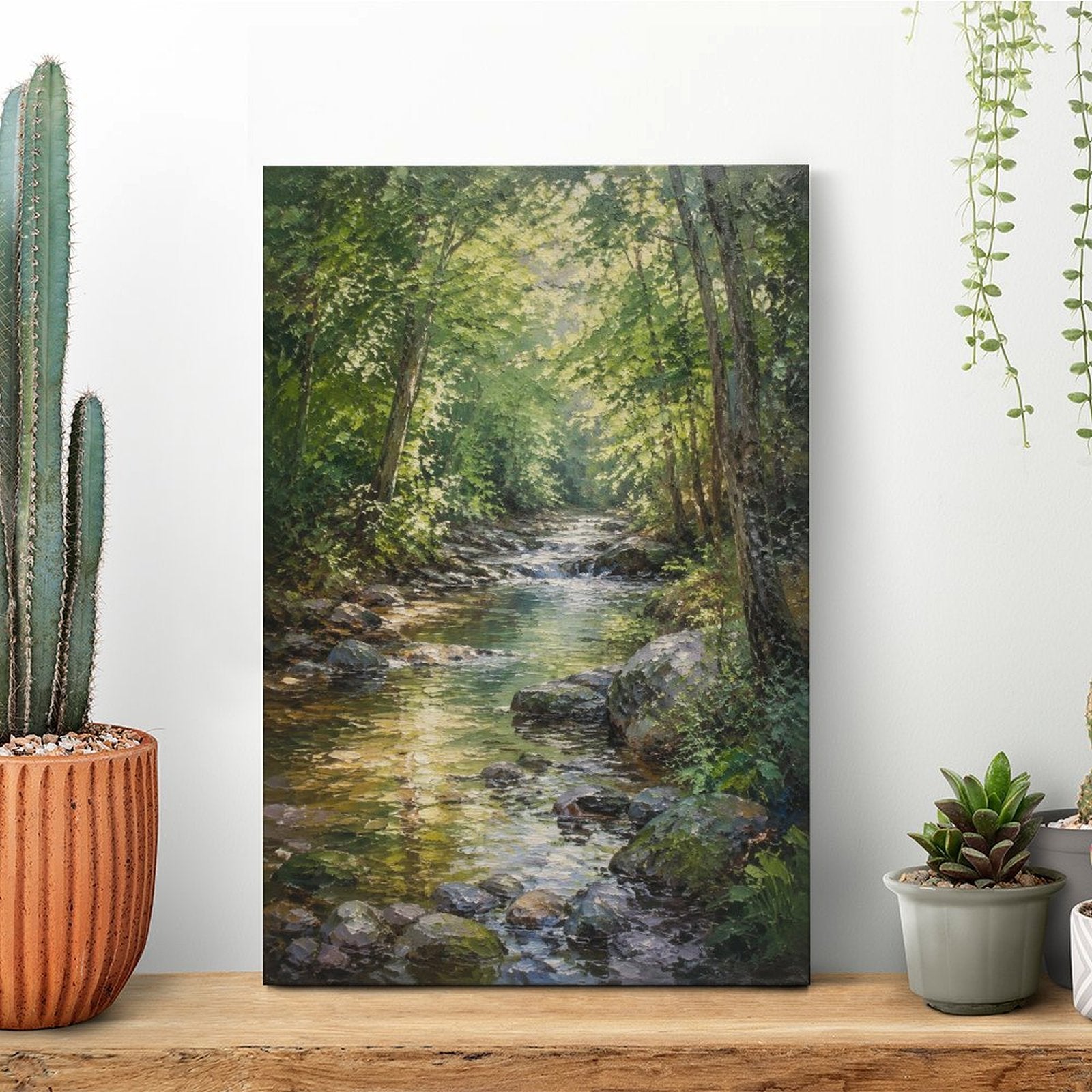 Sunlit Forest Stream Rocky Creek Framed Canvas Wall Art | Realist Nature Landscape Print