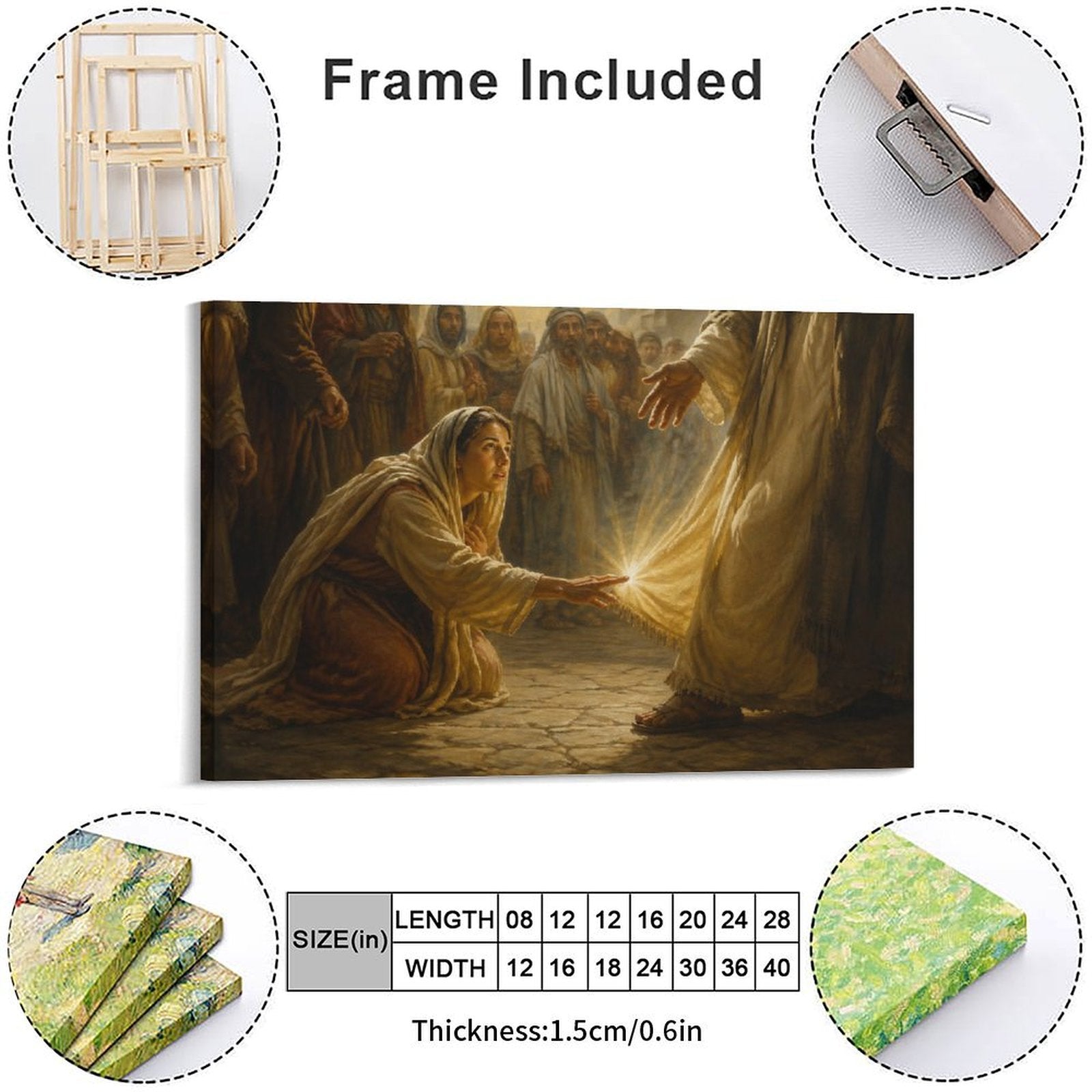 Woman Touching Jesus Robe Healing Miracle Framed Canvas Wall Art | Classical Religious Print
