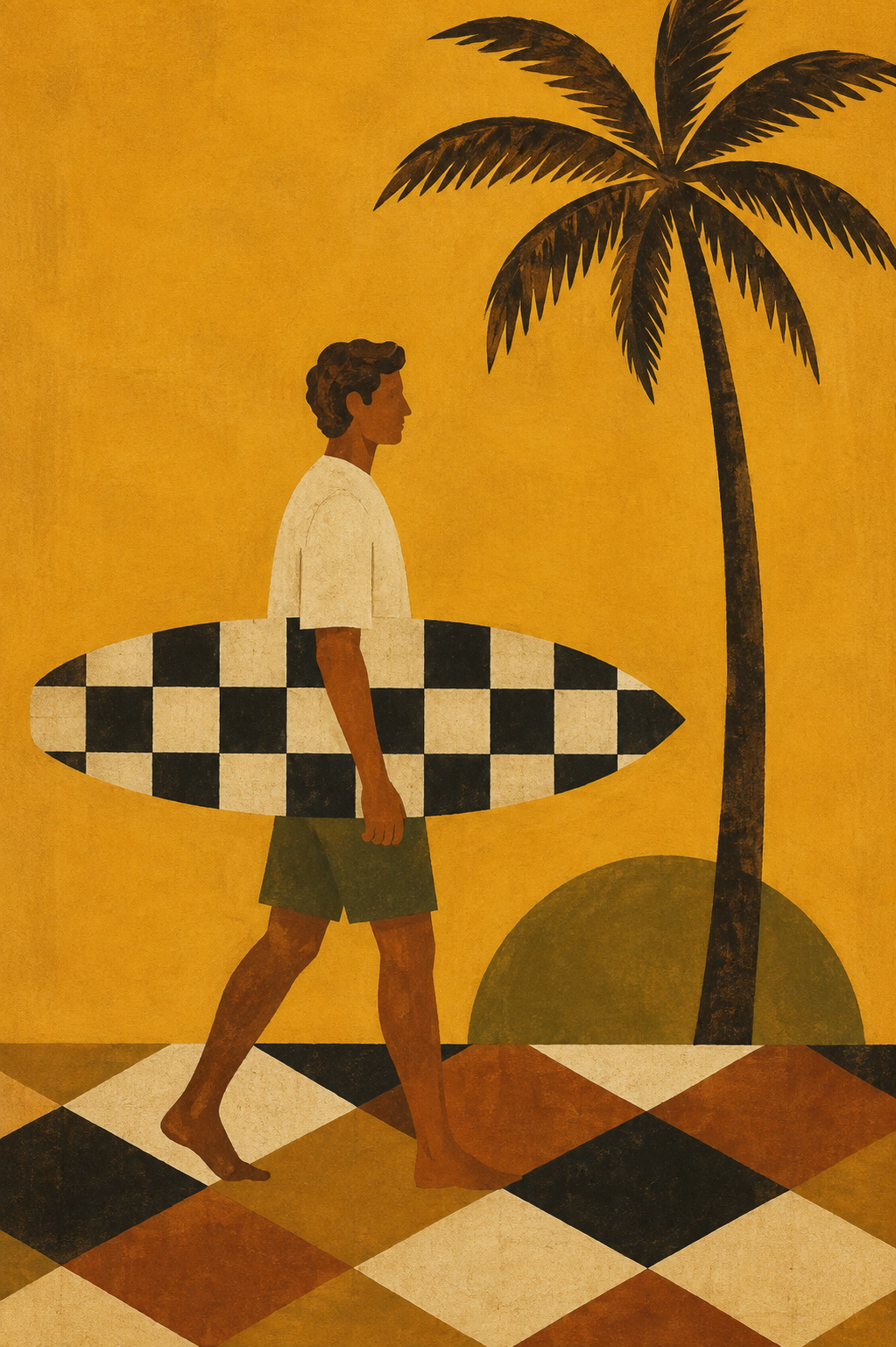 Retro Surfer Framed Canvas Wall Art | Vintage Beach Palm Tree Print
