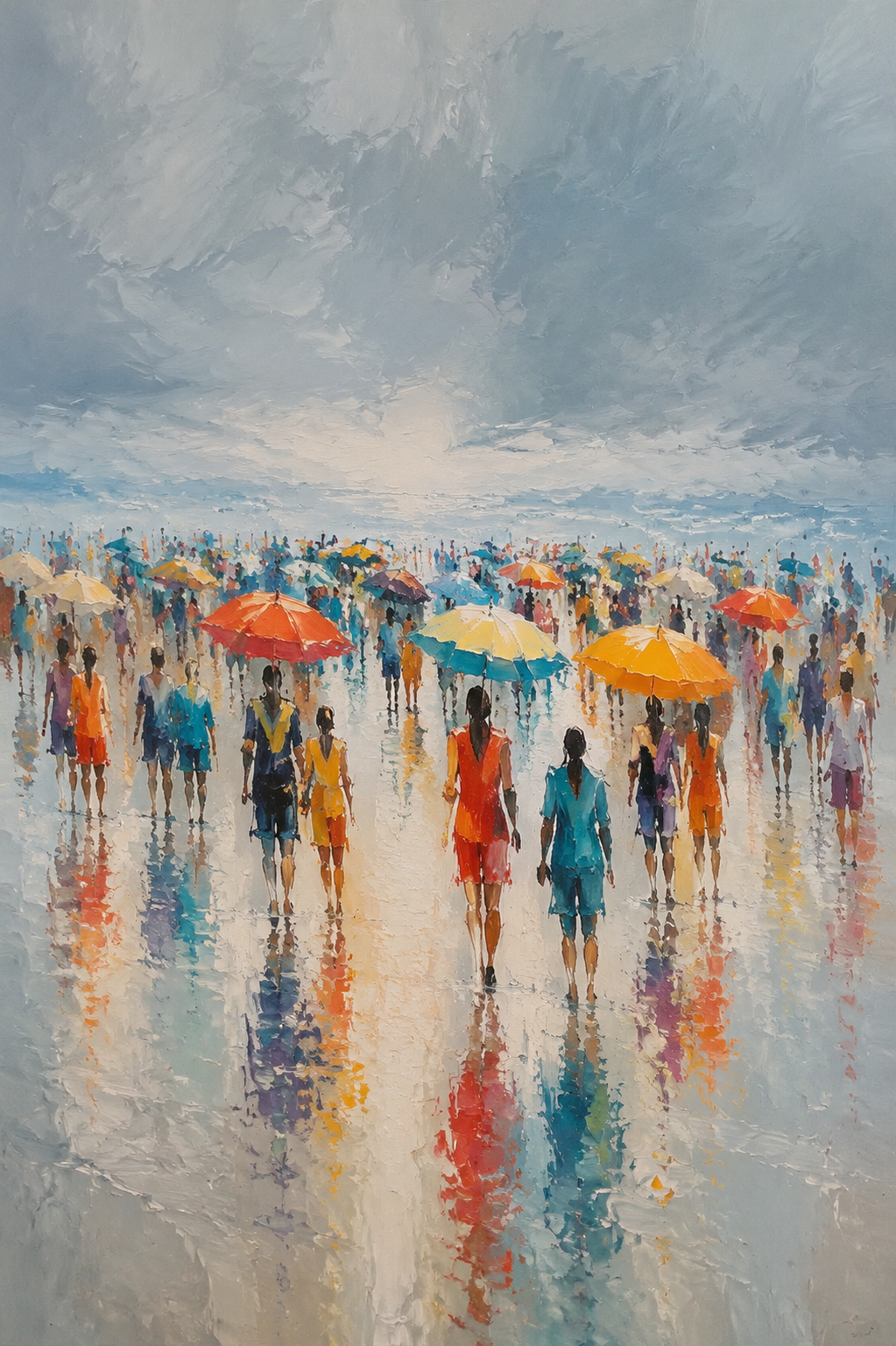 Rainy Beach Crowd Colorful Umbrellas Framed Canvas Wall Art | Impressionist Coastal Figurative Print
