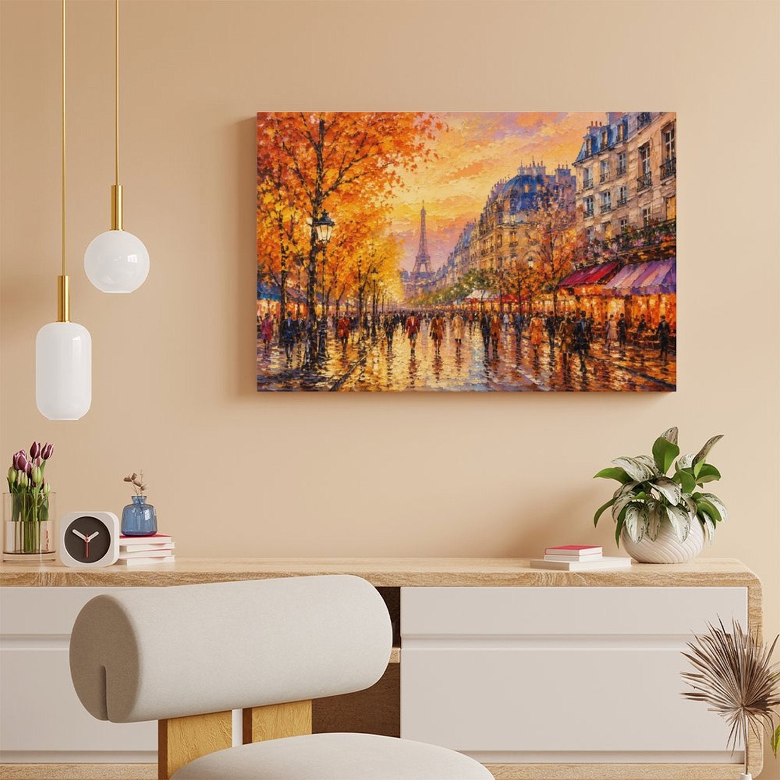 Paris Autumn Street Eiffel Tower Cafe Framed Canvas Wall Art | Impressionist French City Print
