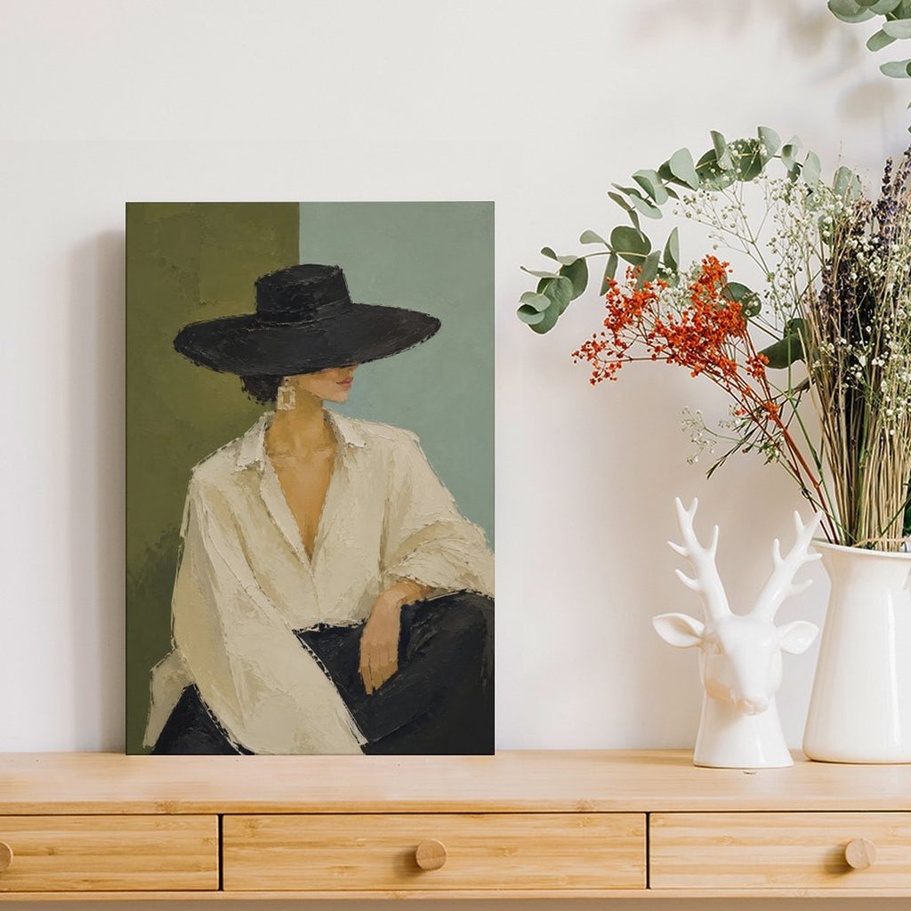Minimalist Woman Black Hat White Shirt Framed Canvas Wall Art | Modern Fashion Portrait Print
