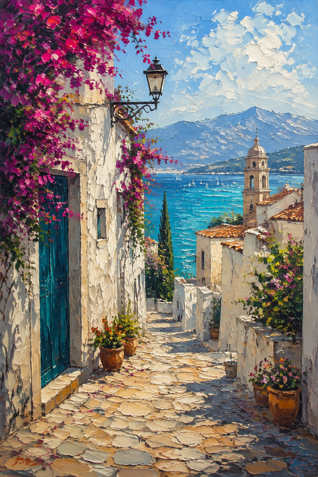 Mediterranean Cobblestone Alley Bougainvillea Framed Canvas Wall Art | Impressionist Coastal Village Print
