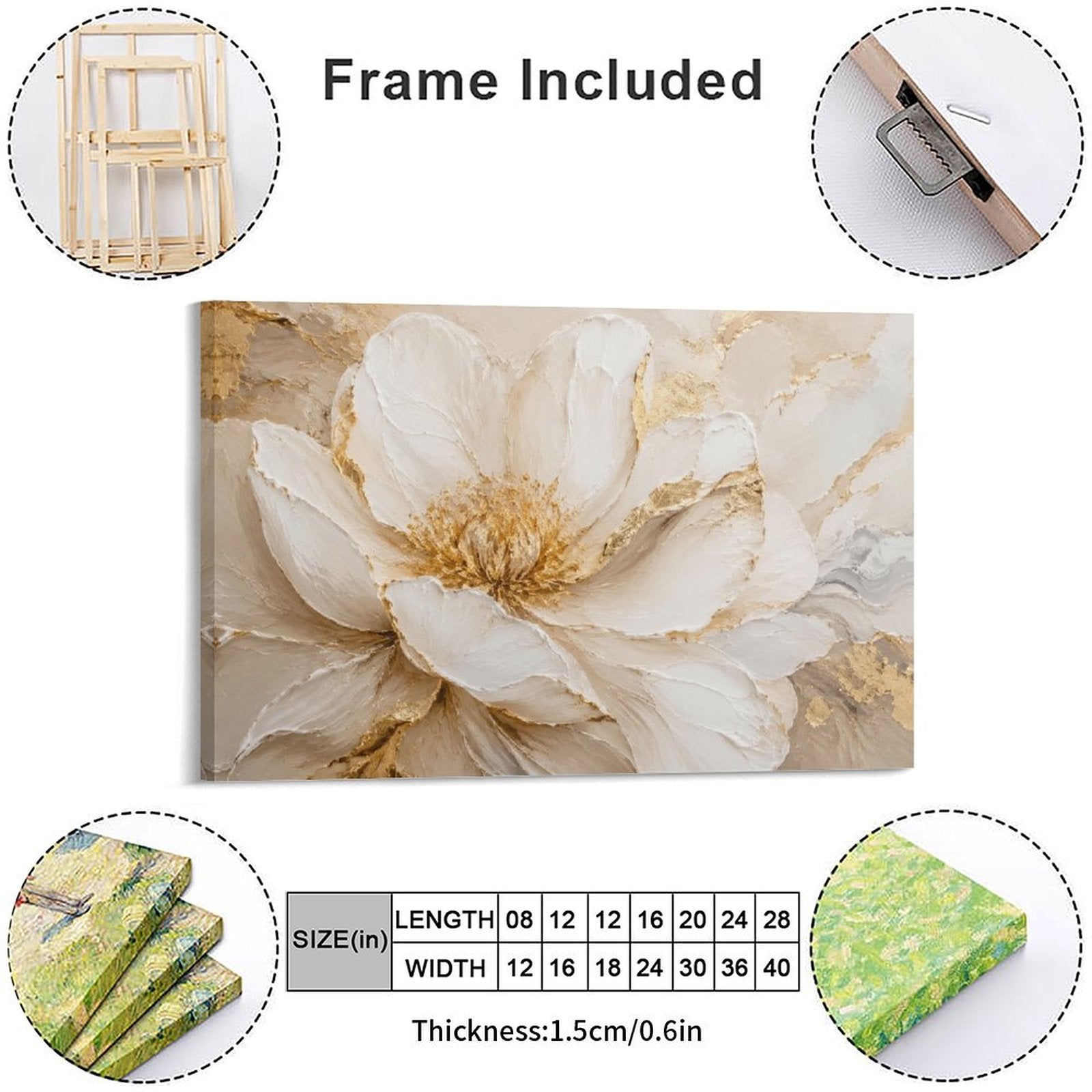White Peony Gold Accent Close-Up Framed Canvas Wall Art | Luxury Floral Textured Print