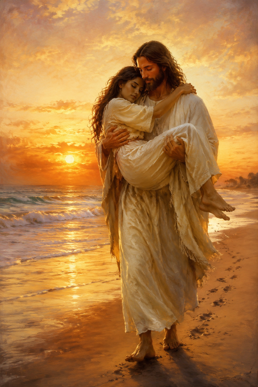 Jesus Carrying Woman Footprints Beach Sunset Framed Canvas Wall Art | Inspirational Religious Print