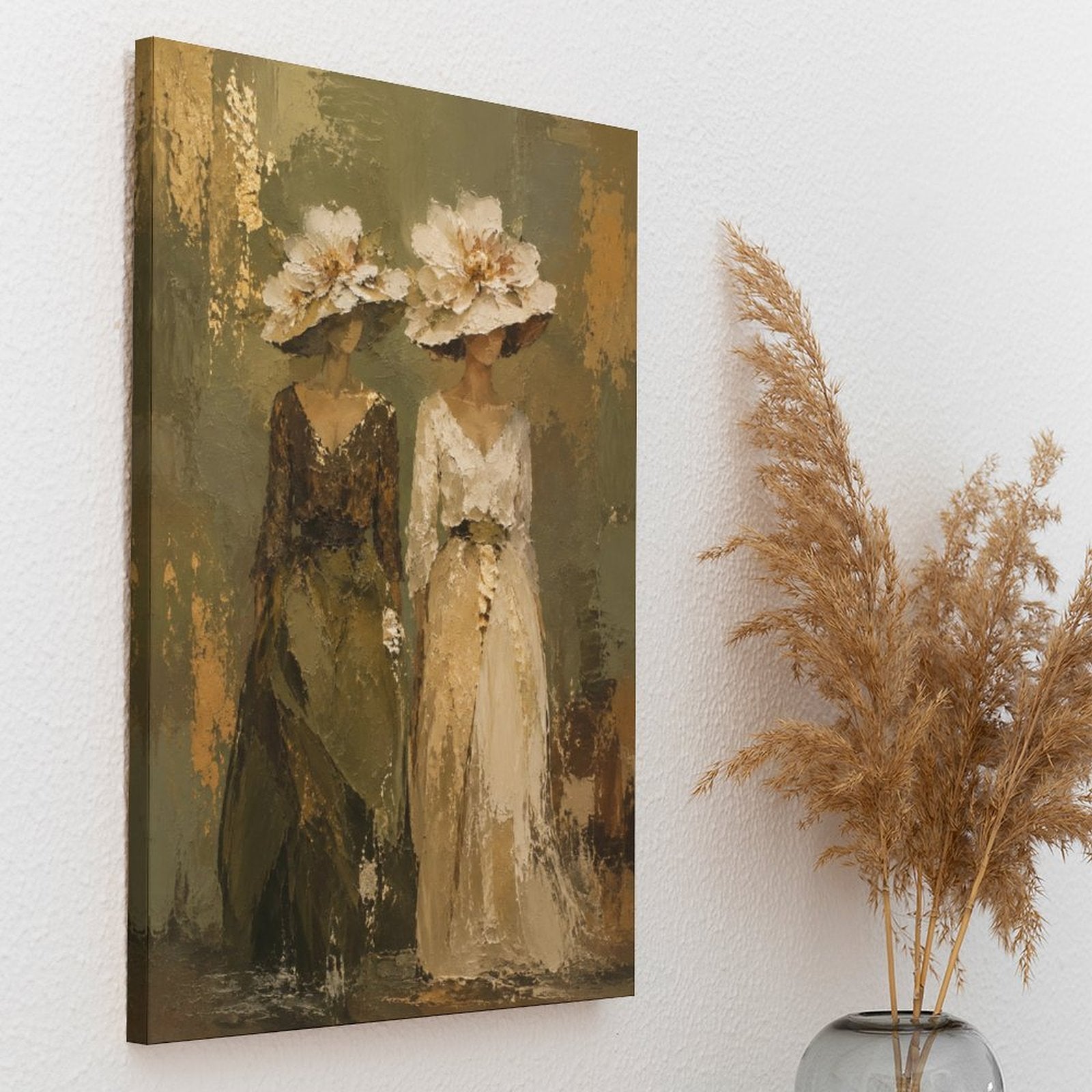 Two Elegant Women Floral Hat Vintage Framed Canvas Wall Art | Old Master Figurative Print
